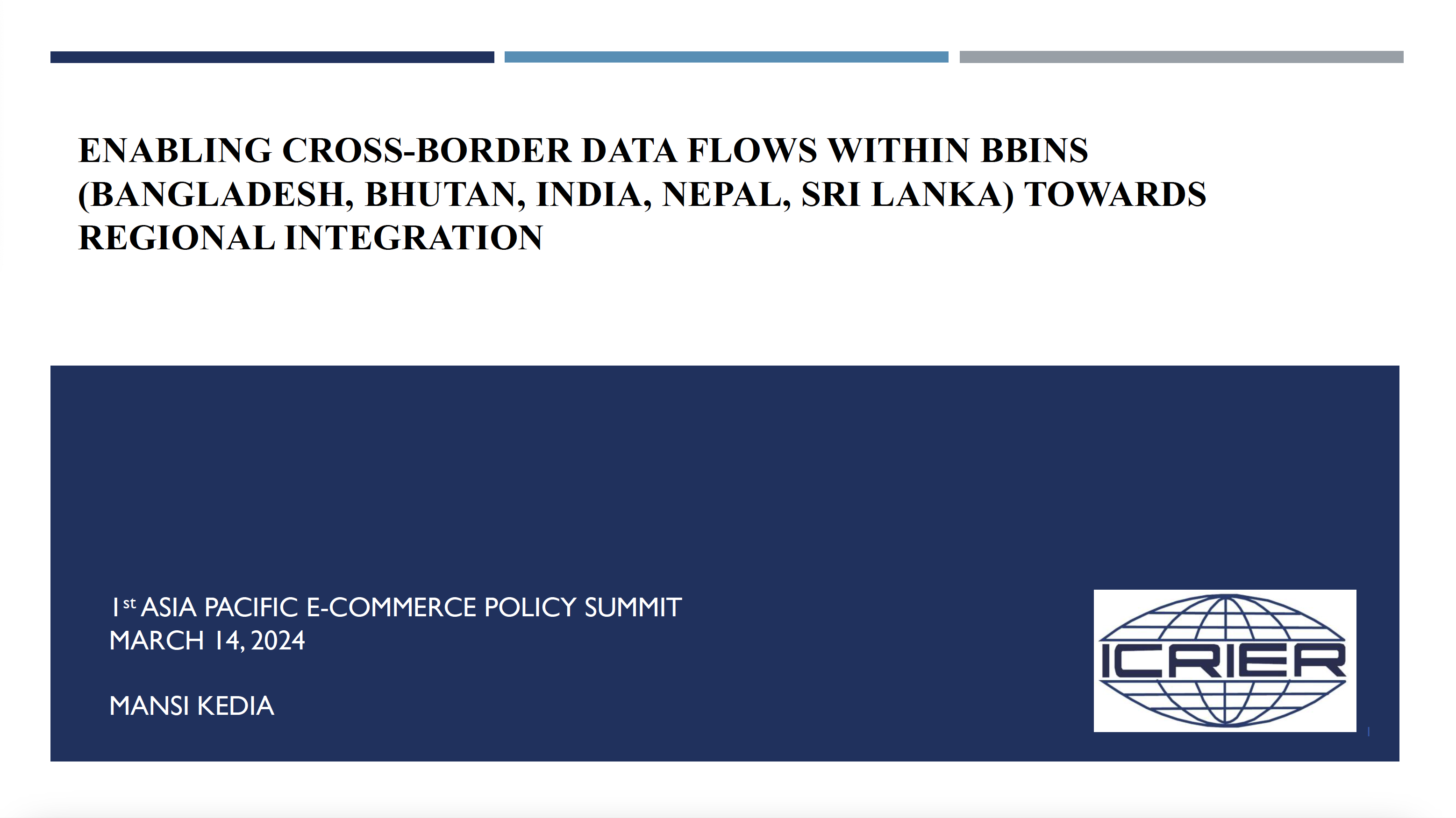 Dr. Mansi Kedia, Senior Fellow, Indian Council for Research on International Economic Relations (ICRIER) on ‘Enabling cross-border data flows within BBINS (Bangladesh, Bhutan, India, Nepal, Sri Lanka) towards regional integration’